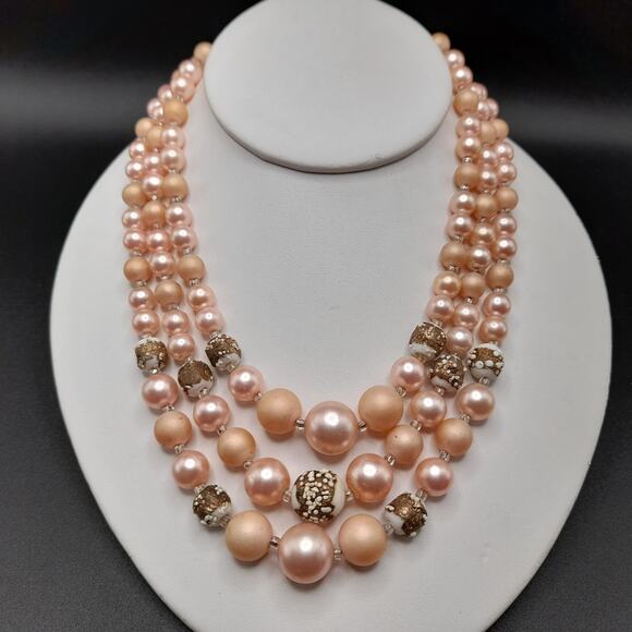 Vintage Japan Pink Art Glass Bead Necklace, 3 Strands, 1950s Jewelry - Picture 7 of 11